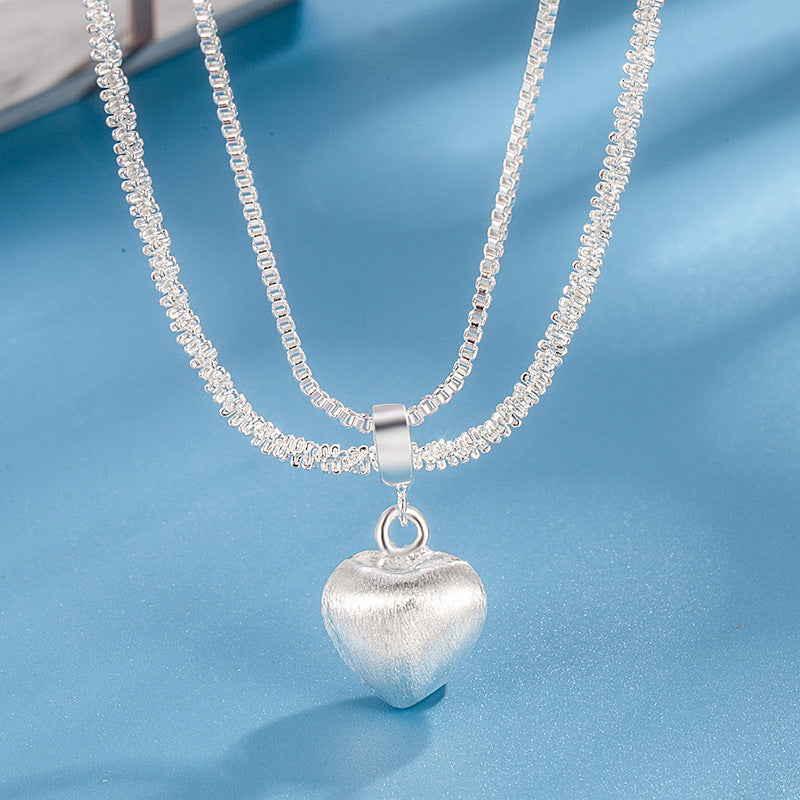 Double Layer Brushed Heart Pendant Necklace For Women