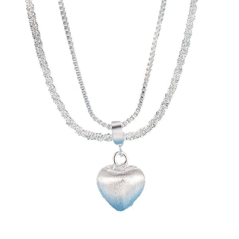 Double Layer Brushed Heart Pendant Necklace For Women